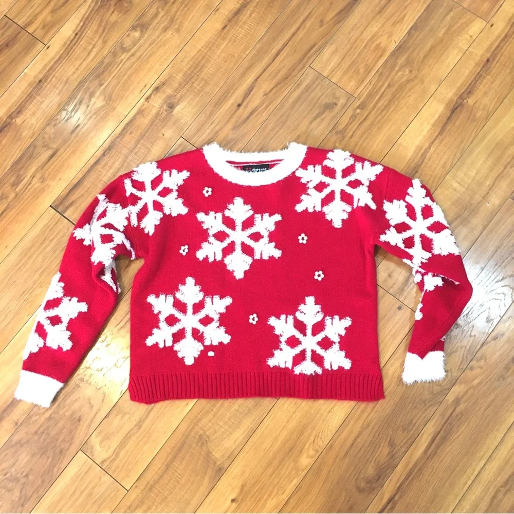 33 Degrees Christmas sweater puffy fabric snowflakes red white cozy small - Picture 10 of 10